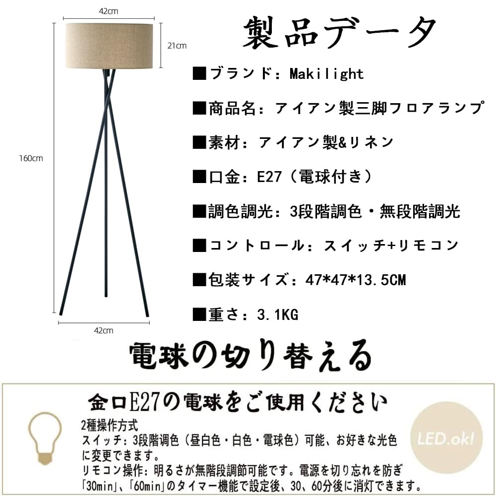 Makilight LED Floor Lamp with 12W LED Bulb, Iron Tripod Stand, 3 Color Temperature Settings, Stepless Dimming, Foot Switch, Floor Stand, Indirect
