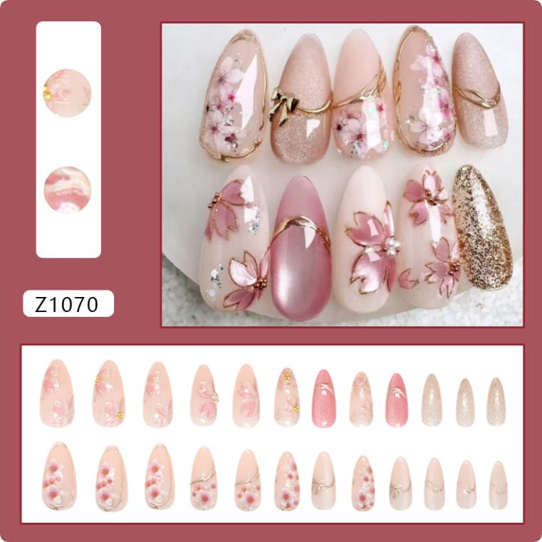 French Style Pink Flower Art Nail Patch Long Almond Fake Nails With Pearl Flower For Women Diy Manicure Accessories