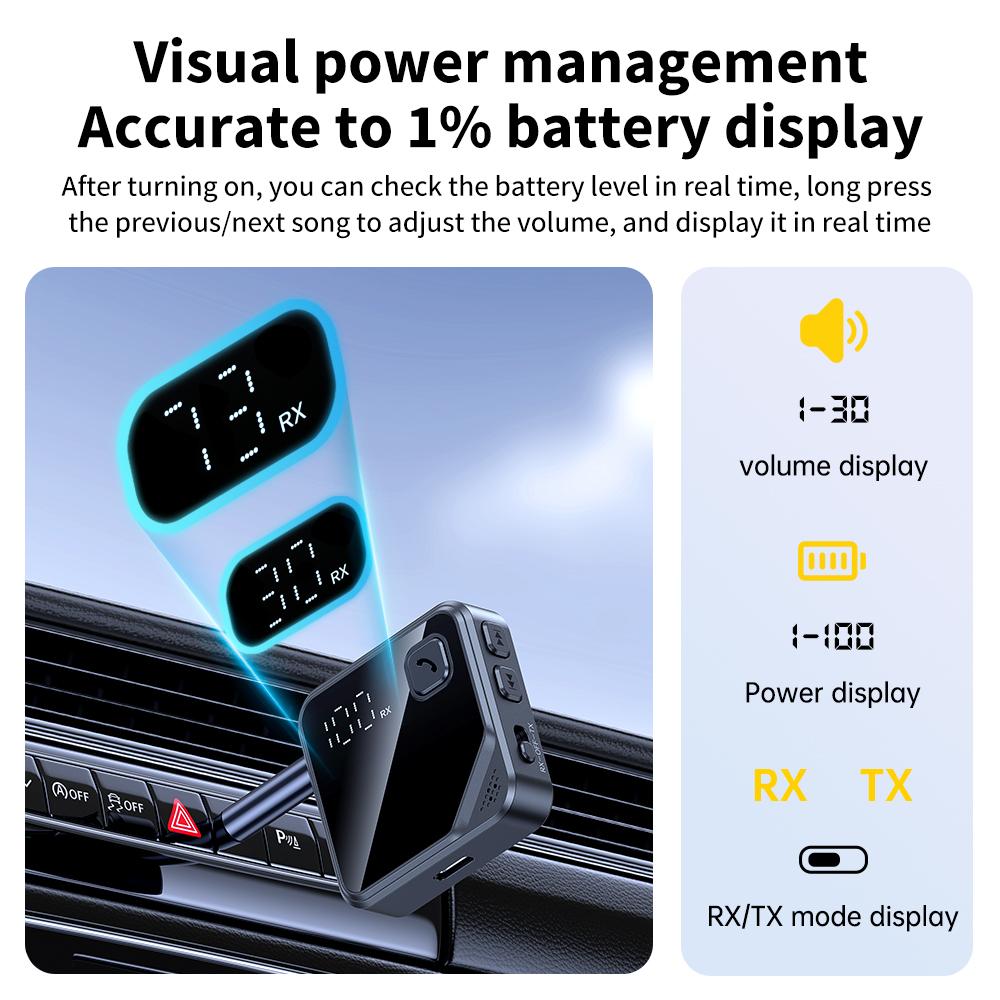 2-IN-1 Car Bluetooth 5.4 Receiver 10M Stable Transmitter 3.5mm AUX With LCD Battery Volume Display for Car Music/Hands-Free Call