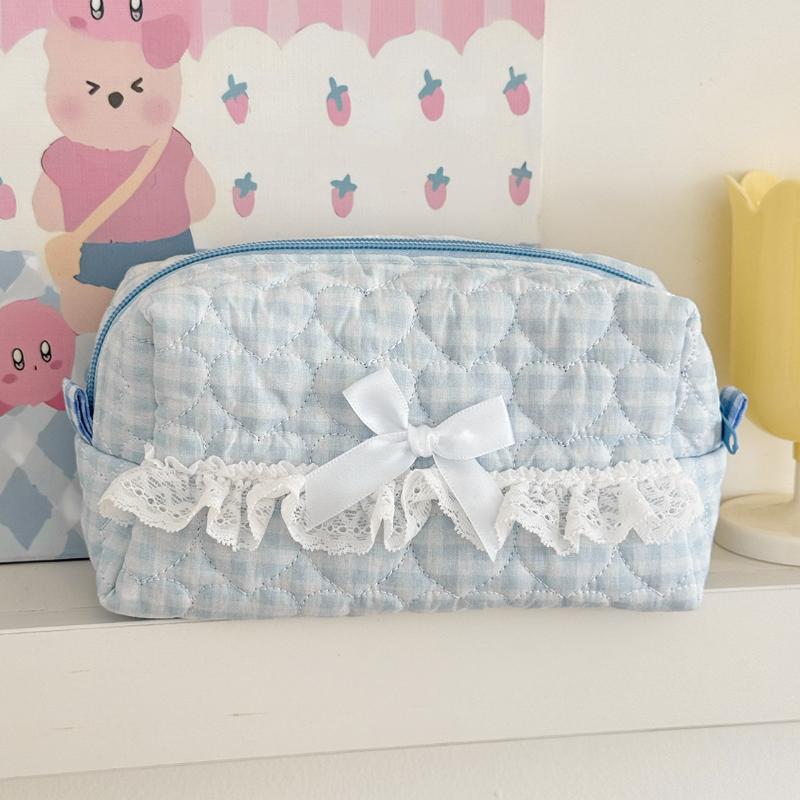 

Pink And Blue Checkered Lace Pencil Case Cute Quilted Design Large Capacity Stationery Organizer For School Office Supplies Stor синий