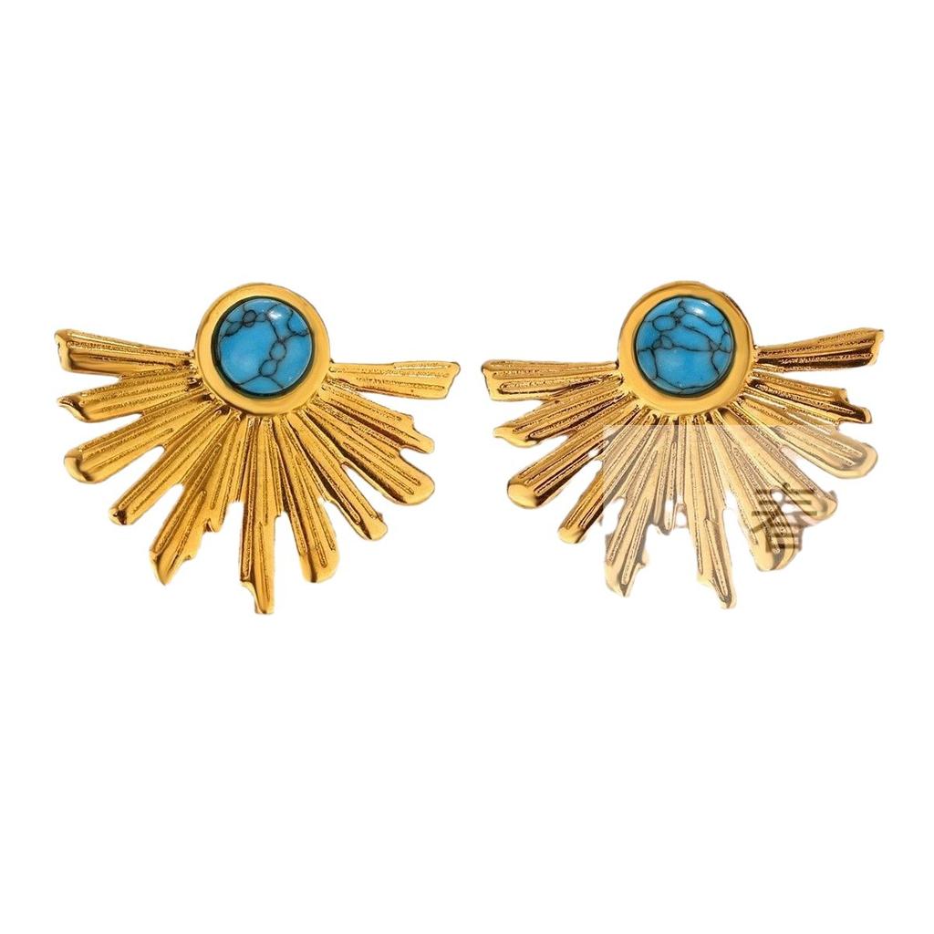 Retro fan-shaped stainless steel stud earrings, high-end gold earrings, niche design light luxury earrings
