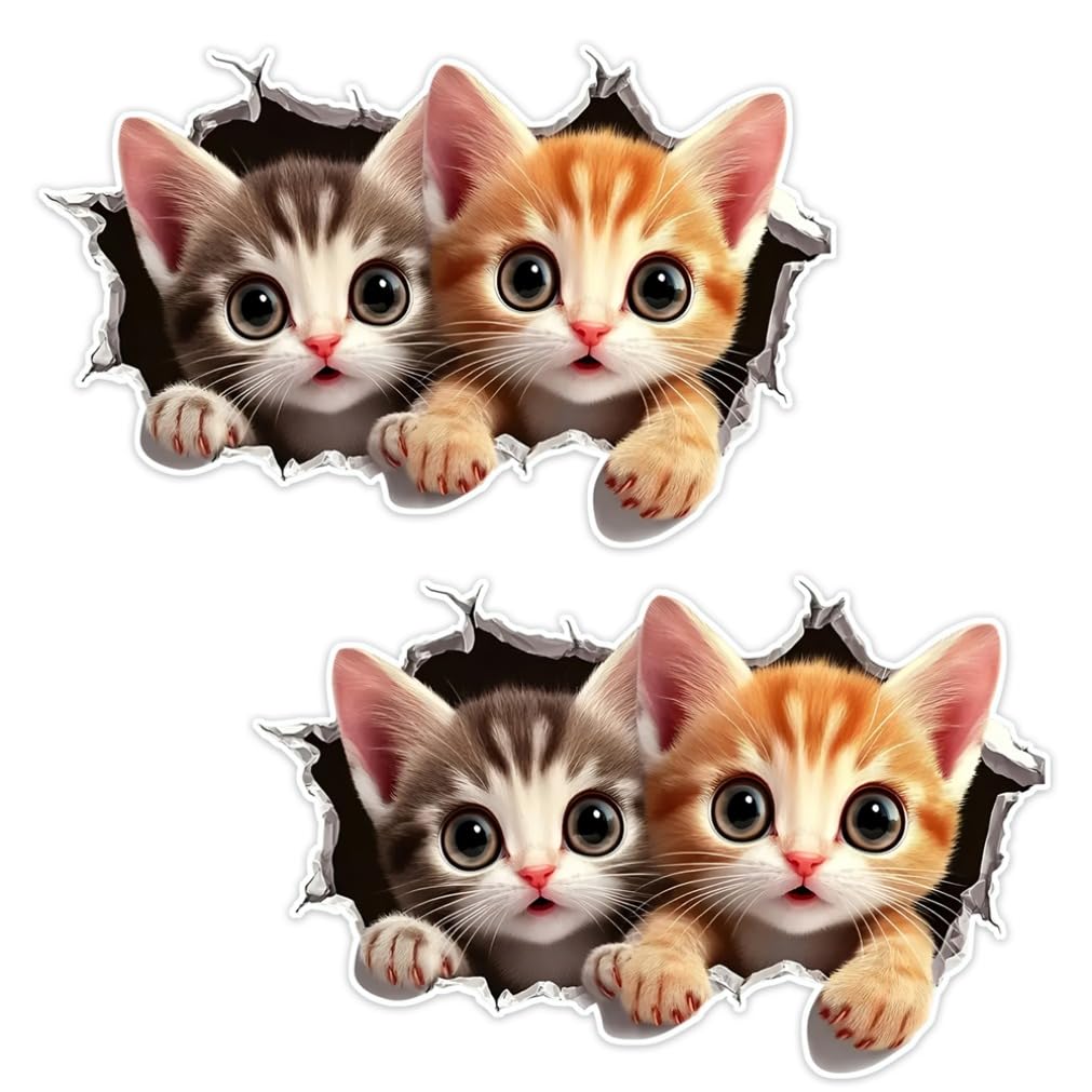Set de 2 Autocolante 3D Pisică Desene Animate 16x10cm Umor Impermeabile Decalcomanii Animale pentru Mașină Camion Motocicletă Perete | #JP18