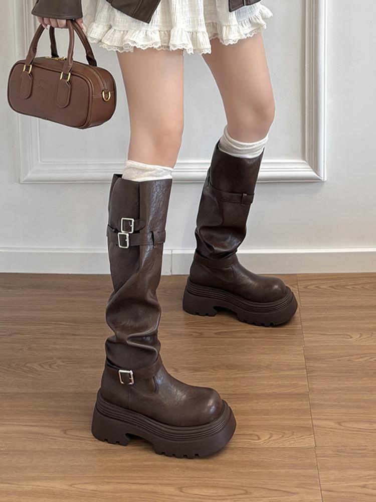 Thick-soled Heightening Maillard Boots Women's Vintage Tall Knight Boots Pile Boots Western Boots