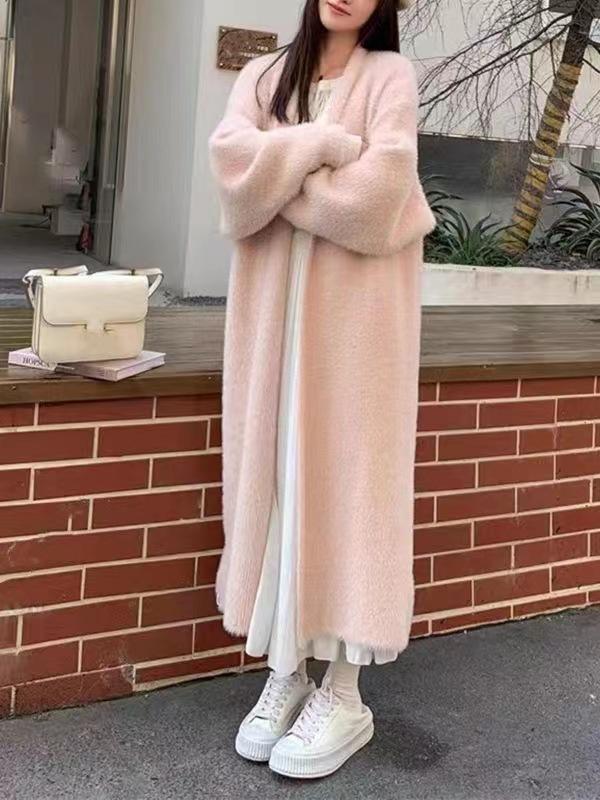 Soft Waxy Knitted Sweater Cardigan Women's Autumn and Winter New Casual Loose and Thin Lazy Style Imitation Mink Velvet Long Coat
