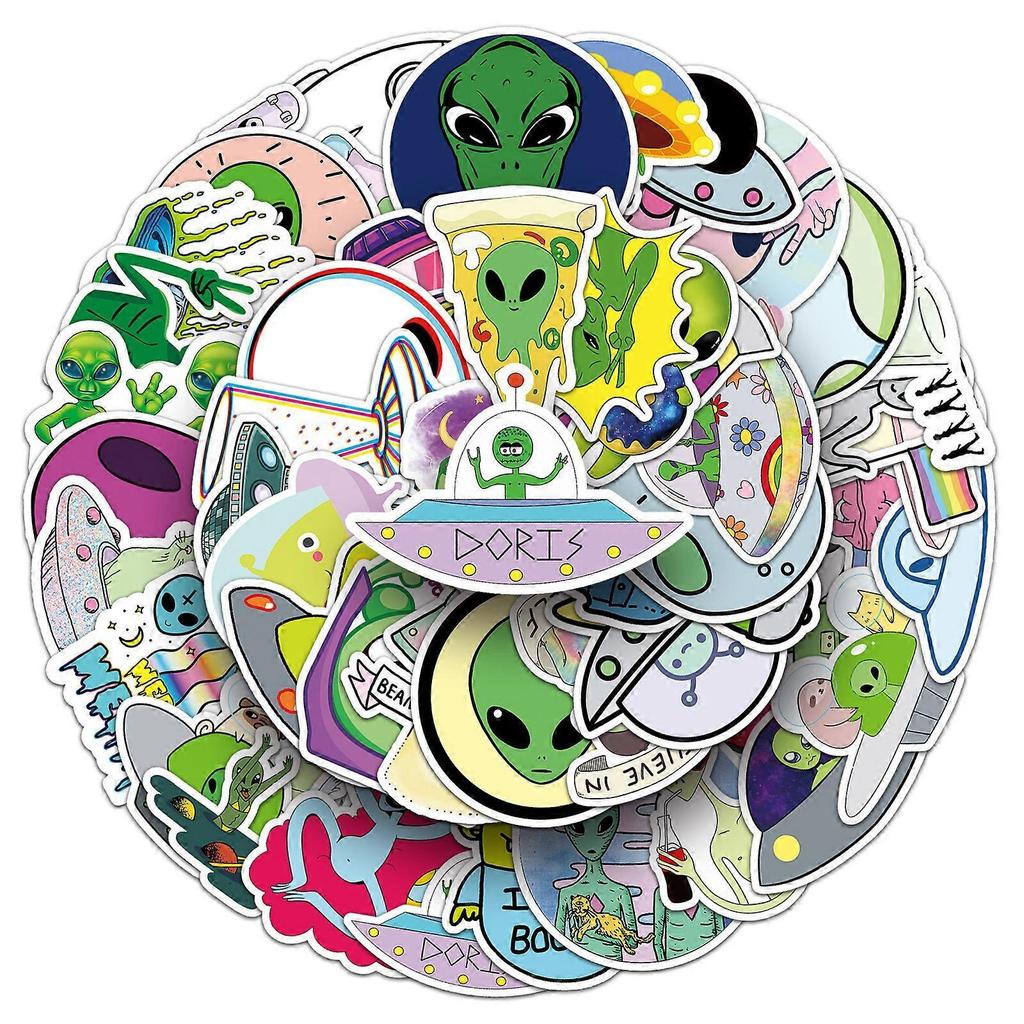 50 Alien Doodle Cartoon UFO Stickers - Waterproof DIY Journal, Skateboard, and Luggage Stickers
