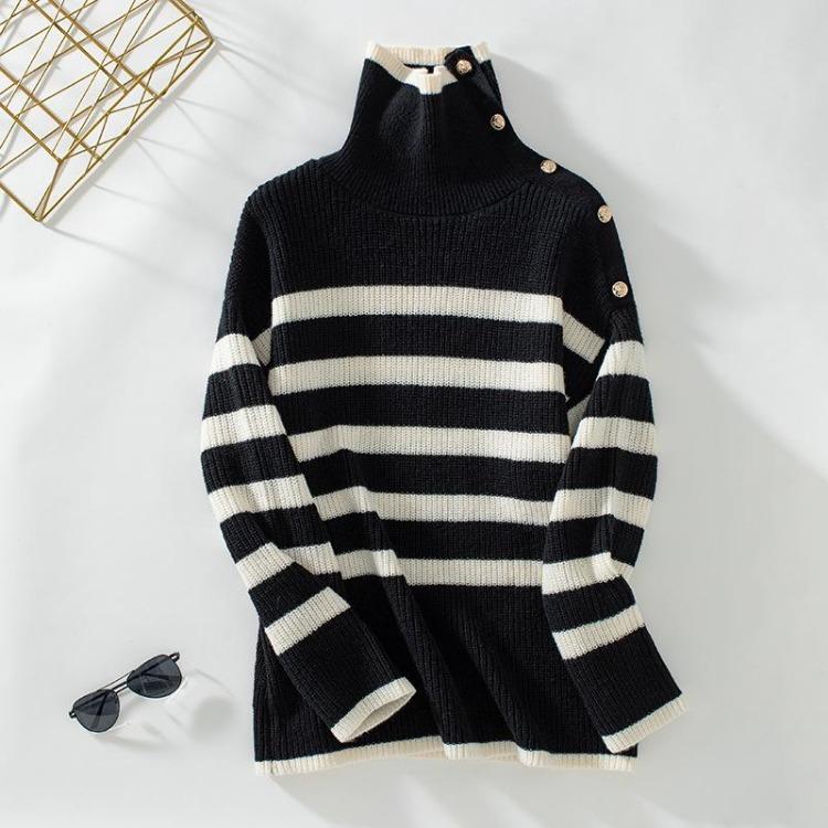 

Винтажный трикотажный свитер с воротником-стойкой, свободный пуловер с длинным рукавом, топ, осень-зима, полоска S чёрный