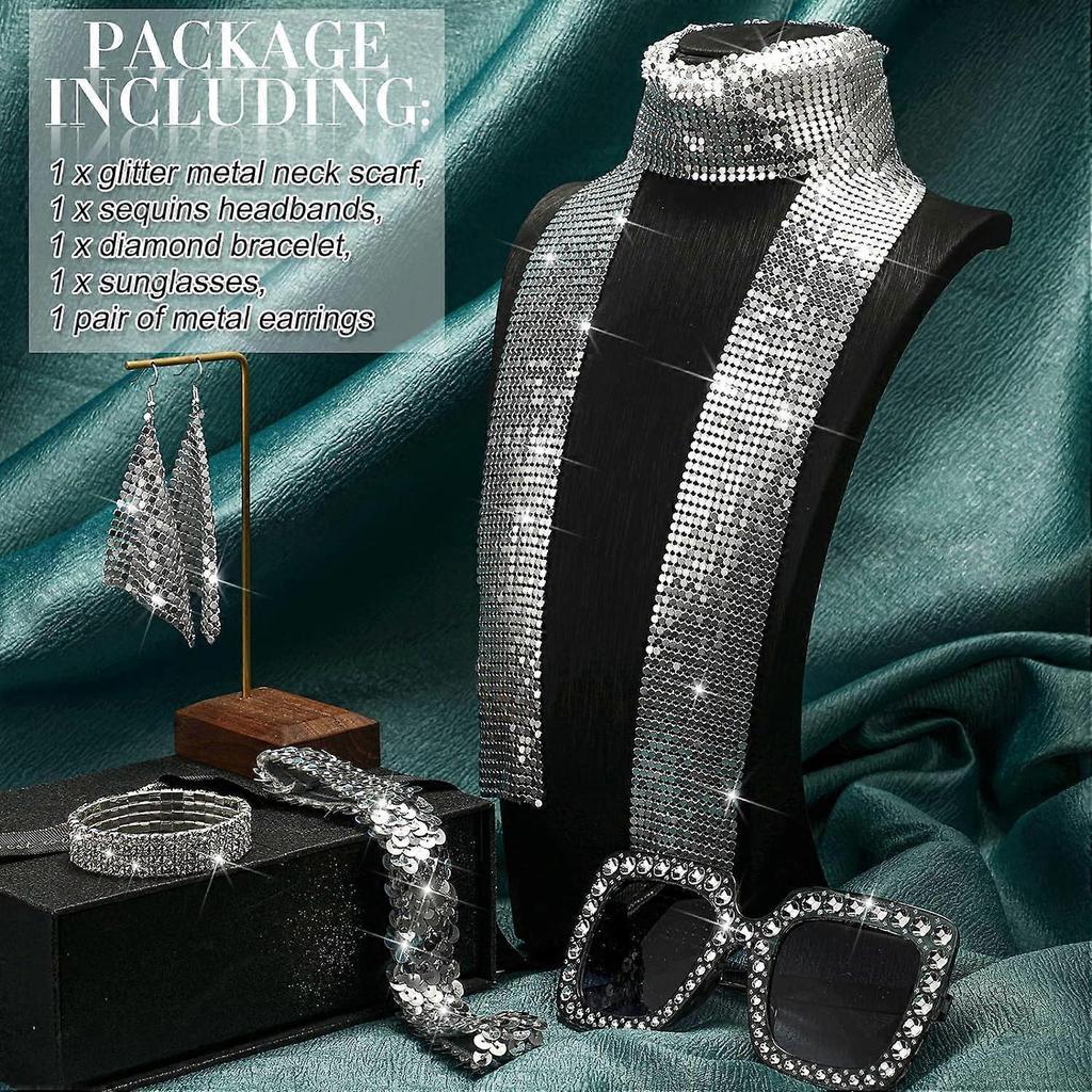 5 Pcs 70s Disco Accessories Women Costume Jewelry Disco Earrings Sequin Scarf Sunglasses Diamond Bracelet Headband