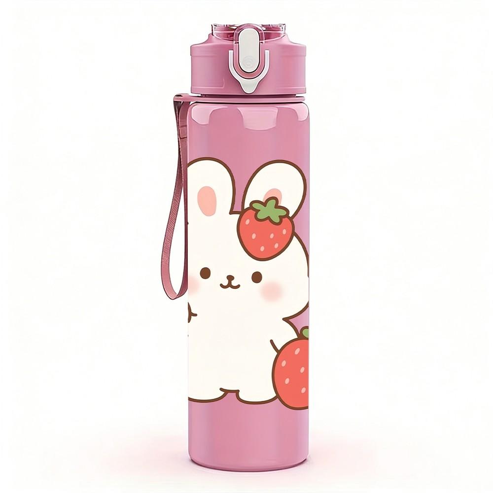 1PC Bunny Holding Strawberry Cartoon Print 750ml Color Plastic Sports Water Bottle Leakproof Flip Straw Lid Suitable for Sports Office Home Use