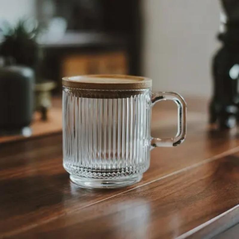 Classic Japanese-style New Round Coffee Cup Transparent Striped Wide Mouth with Lid Handle Glass Milk Cup Household Drinking Water