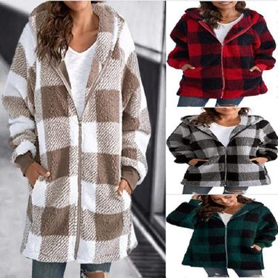 Plush Women's Coat New Long-sleeved Plaid Hooded Zipper Coat with Pockets