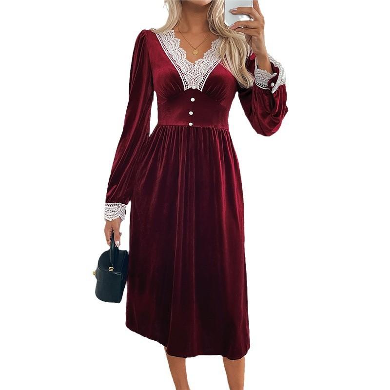 Women's Autumn and Winter Party Velvet Long Lace Splicing Clashing Color Dress