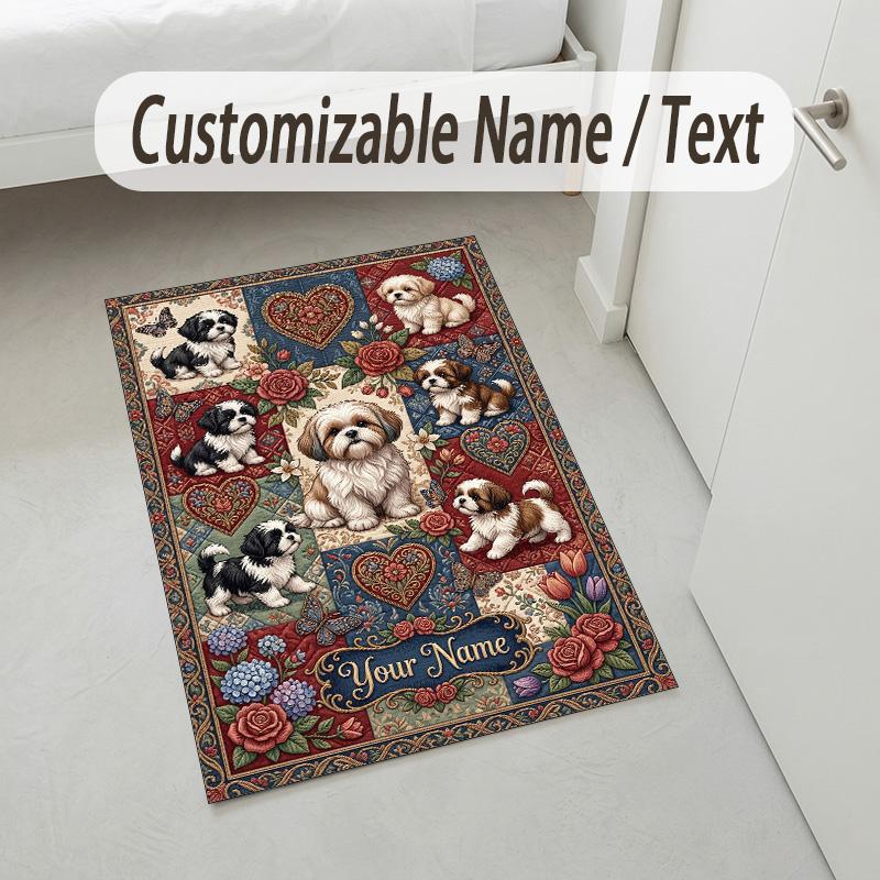 Dog Theme Crystal Velvet Rug Personalized Custom Name Text Soft Floor Mat Home Decor