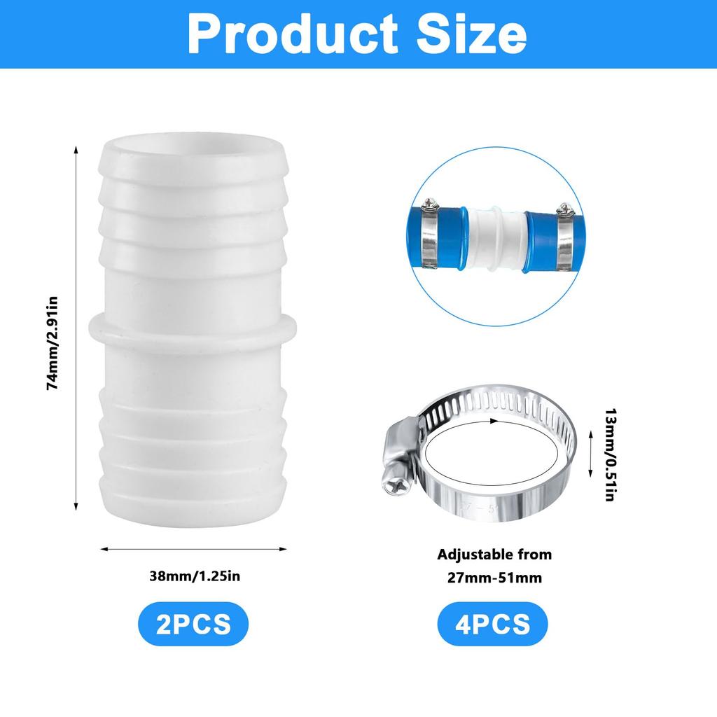 2-Pack 38mm Pool Hose Connectors - Double Nozzle Adapter W/ 4 Stainless Clamps