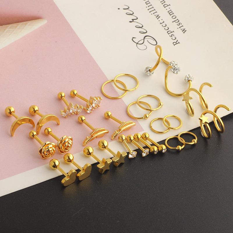 Stainless steel minimalist men's and women's ear stud piercing jewelry set with ear bar studs