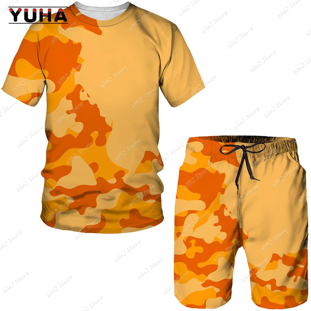YUHA 2022 Summer Camouflage Tees/Shorts/Suits Men's T Shirt Shorts Tracksuit Sport Style Outdoor Camping Hunting Casual Mens Clo