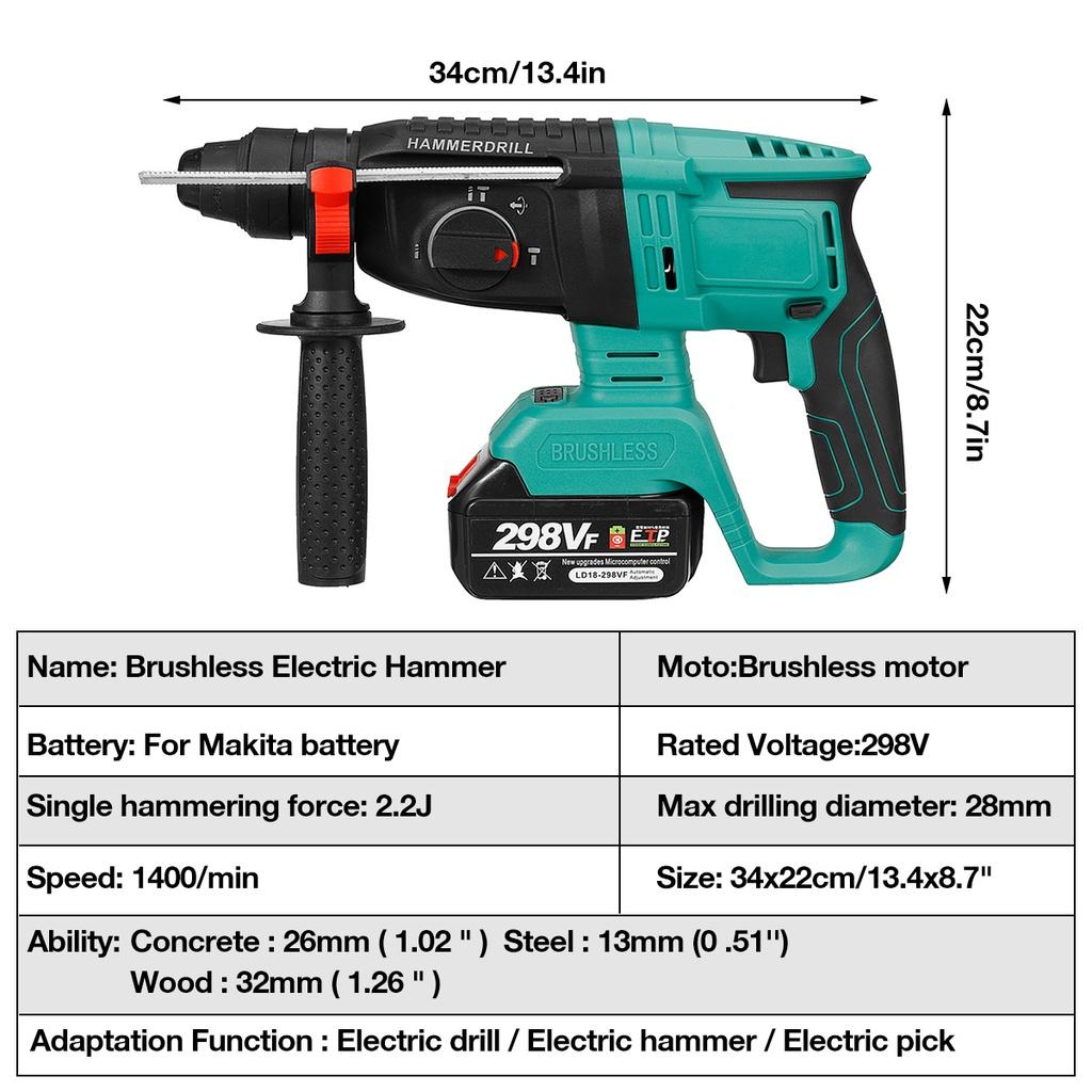 1400/min Brushless Cordless Rotary Hammer Drill 1/2 Batteries Rechargeable Electric Hammer Impact Drill for 18V Battery Green New 13.4x8.7""