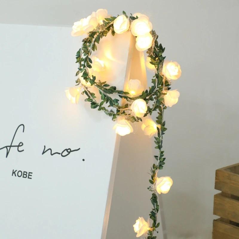 Rose Flower Led Fairy String Lights Artificial Green Leaf Rattan Wedding Birthday Party Home DIY Decoration Christmas Garland