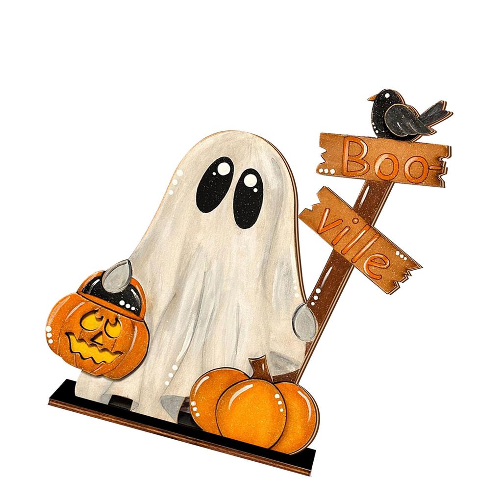 Halloween Decoration Wooden Pumpkin Ghostly Ornament Tabletop Wood Sign For Mantels Desk Shelf Holiday Party