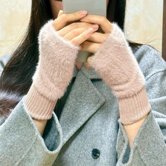 Fingerless Gloves for Women Faux Fur Thumb Hole Half Finger Gloves Stretchy Warm Winter Typing Writing Mittens