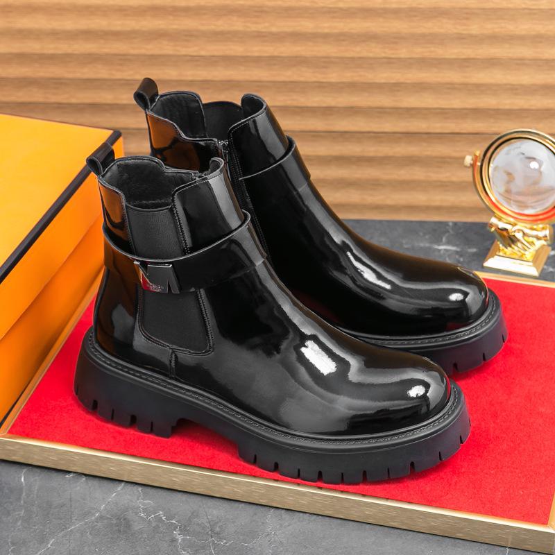 Men's Shiny Round Toe Chelsea Boots – Autumn/Winter Outdoor Fashion British Style with Zipper.