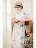 2022 Summer Ramie Print Women's Retro Travel Dress with Stand Collar & Short Sleeves