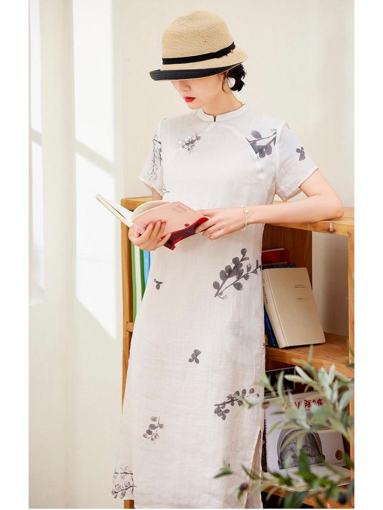 2022 Summer Ramie Print Women's Retro Travel Dress with Stand Collar & Short Sleeves