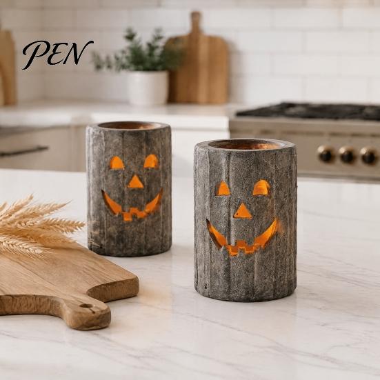 Halloween Gift for Home Decor Pumpkin Candle Holder, Resin Hollow Candlestick, Vintage Country Decorative Ghost Table Ornaments Style Lantern Tabletop