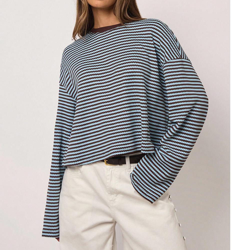 Womens Striped Knit Long Sleeve Loose T Shirt