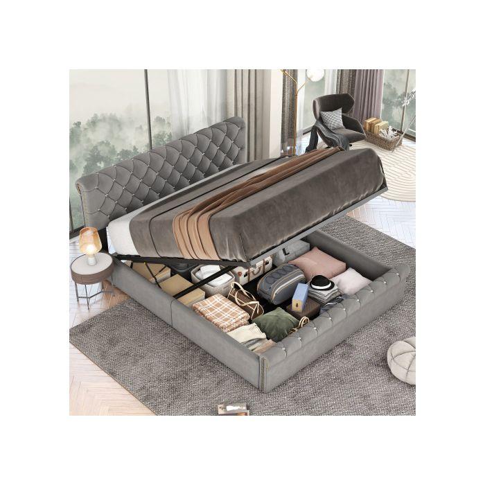 Funktionelles Bett - MUVOE - Euro - Verstellbares Kopfteil - Kristall-Dekoration - 140 x 200 cm - Grau