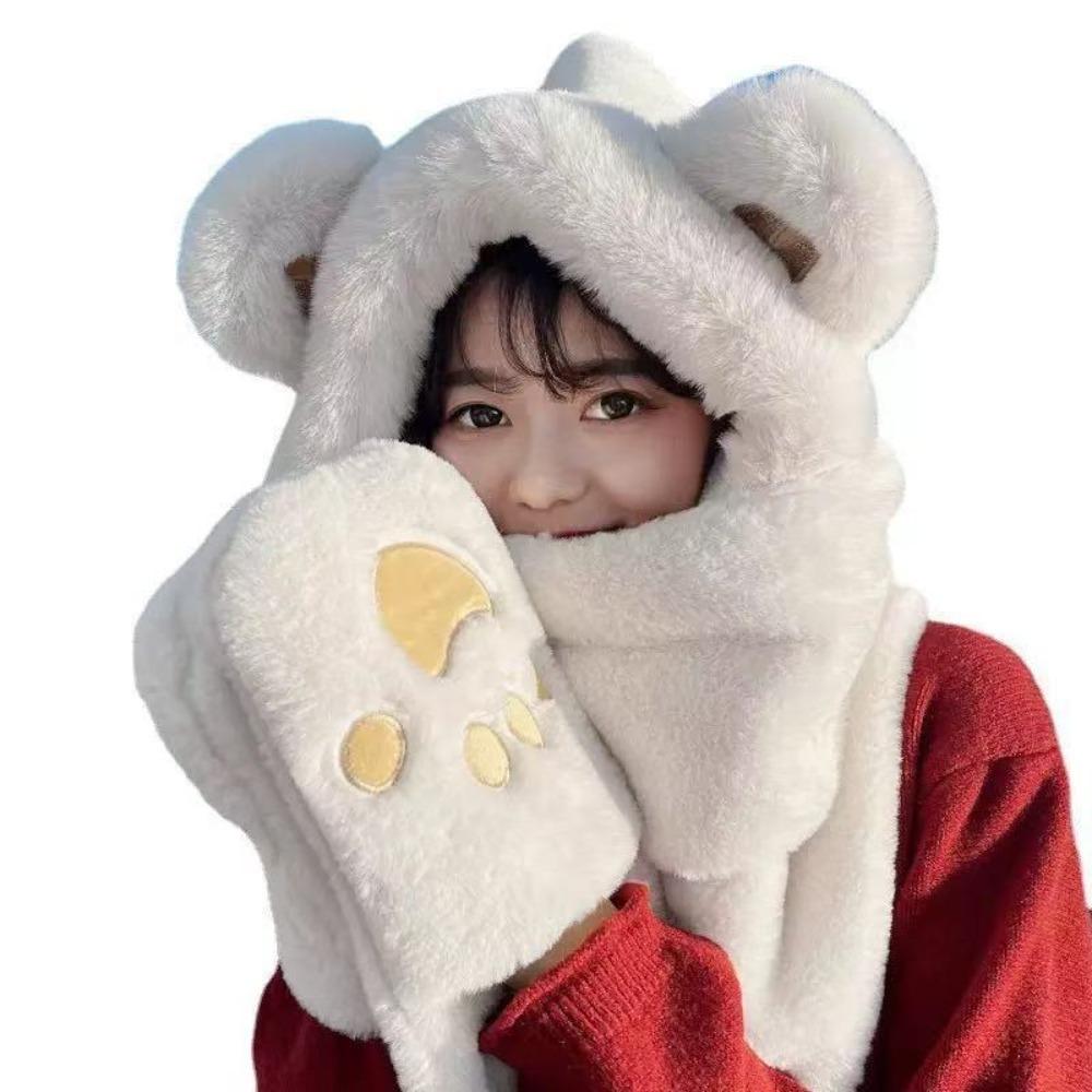 3-in-1 Hooded Scarf Windproof Winter Plush Scarf Cute Neck Warmer  Outdoor