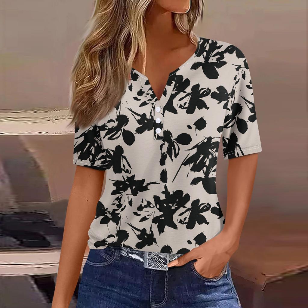 Women's T Shirt Tee Print Button Short Sleeve Daily Weekend Fashion Basic V- Neck Regular Top