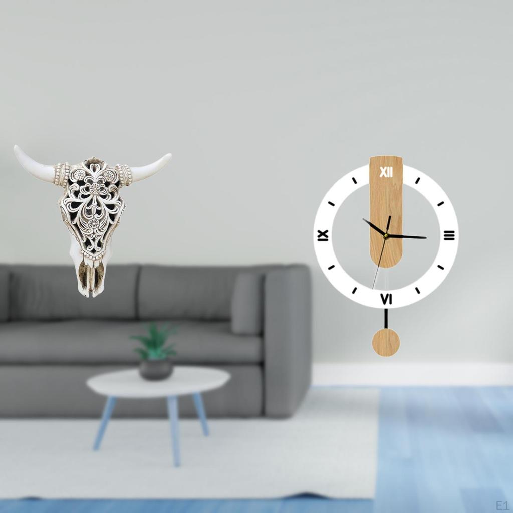 Tribal Bull Head Sculpture Wall Hanging Art with Large Roman Numerals Silent Clock Acrylic
