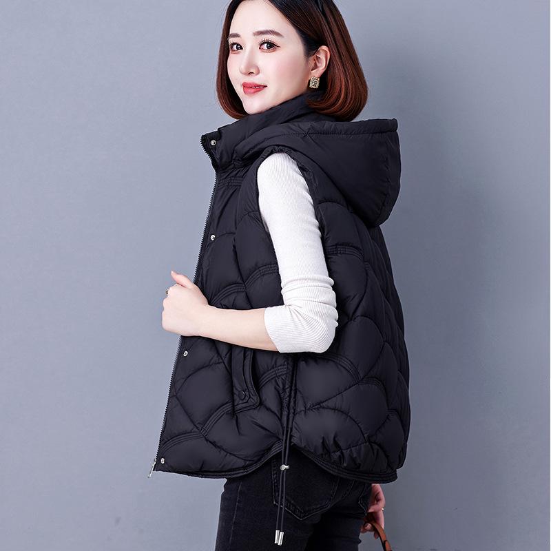 Stylish Hooded Down Cotton Vest for Middle-Aged Women, Windproof Warm Casual Jacket for Autumn/Winter