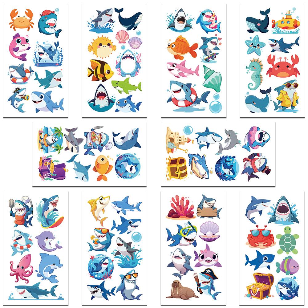 

10 листов мультяшных милых акул, наклейки для татуировки для лица, рук, тела, временные поддельные водонепроницаемые наклейки для татуировки, детские креативные подарки