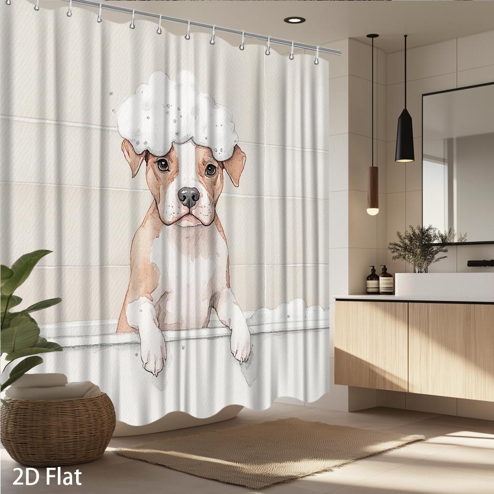 Cute Puppy Shower Curtain – Adorable Pitbull In Soap Bubbles, Cartoon Illustration On Waterproof Polyester, 12 Hooks Included
