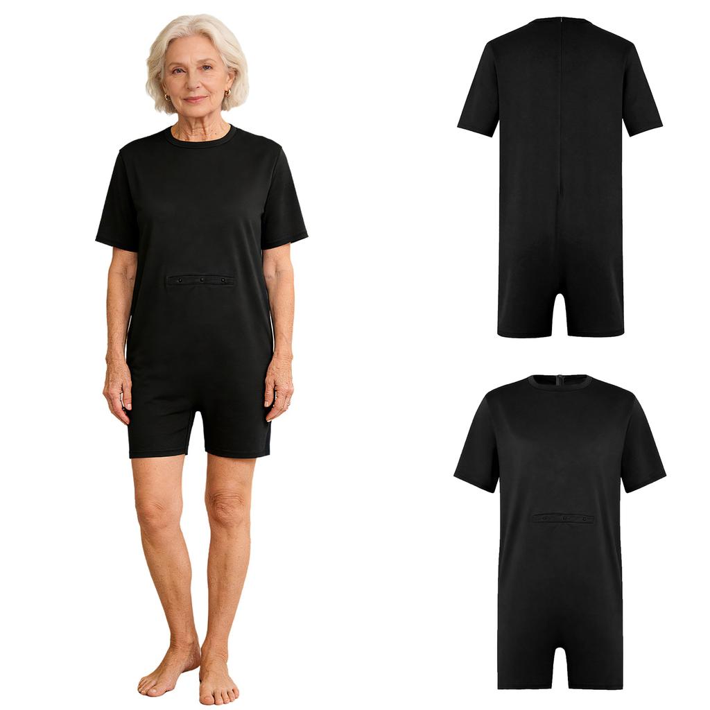 Women’s Special Needs Adaptive Romper Short Sleeve Shorts Bottom Back Zipper Bodysuit with Feeding Tube Access for Daily Care