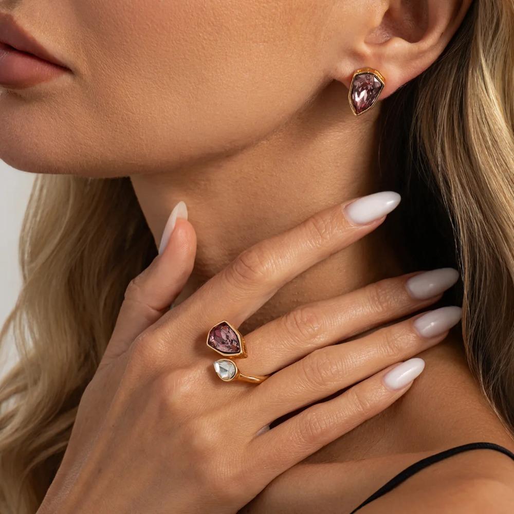 2Pcs/set New Trendy Acrylic Rhinestone Stud Earrings Ring for Women Vintage Geometric Irregular Finger Ring Jewelry Set Gifts