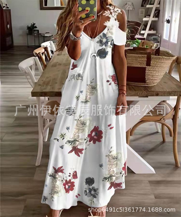 Women's summer new lace suspender v-neck fashion printed loose dress