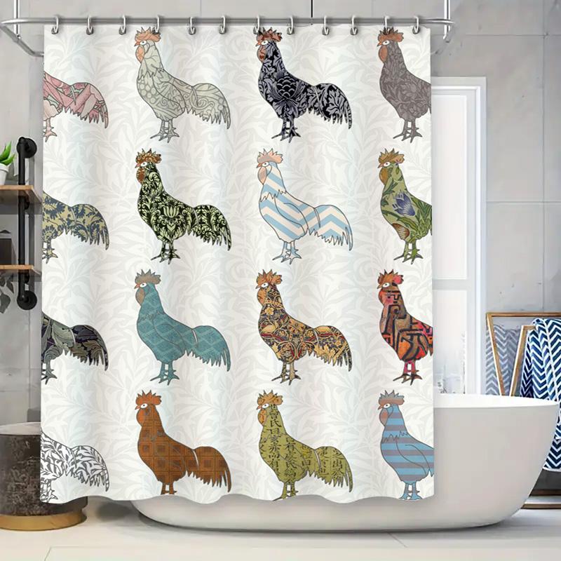 

Rustic Farmhouse Decor: Handcrafted Rooster Pattern Shower Curtain For Bathroom Decoration – White Background With Blue, Green, W60H190(CM)-1 Pcs