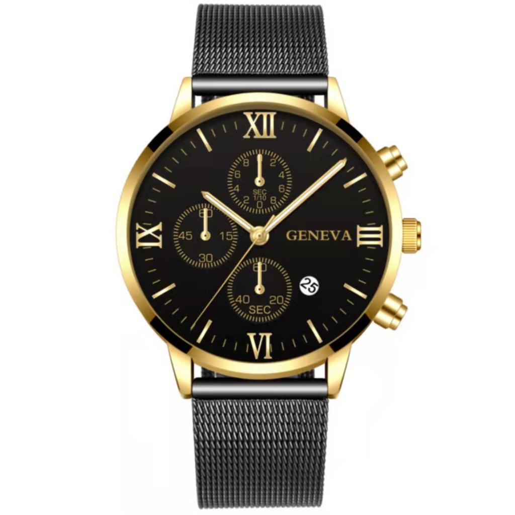 Mesh Belt Men With Calendar, Fake Three-Eye Business Leisure Boys Gift Quartz Watch