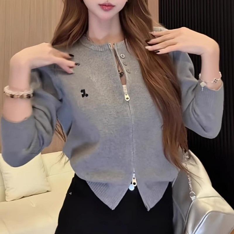

Crew neck embroidered double zipper knitted cardigan sweater women s autumn and winter new temperament simple versatile top One Size