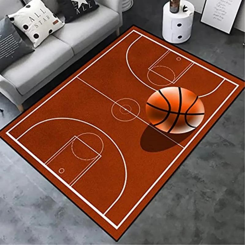 Basketballbane Design Tæppe Blå Orange Rød Farve Skridsikker Gulvmåtte til Sports Tema Værelse Boligindretning Tæppe