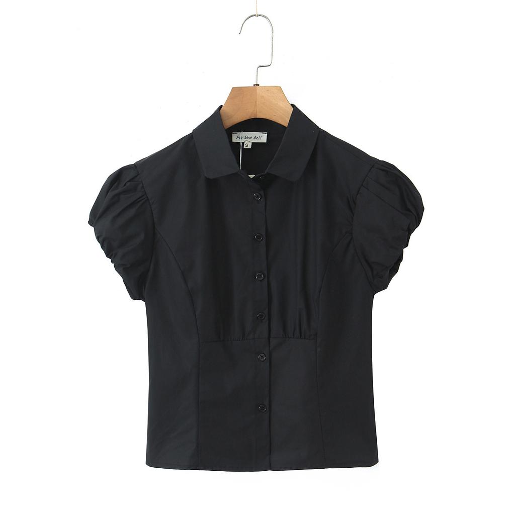 European and American women's clothing 1116 spring new product lapel retro waist casual versatile short-sleeved shirt top women