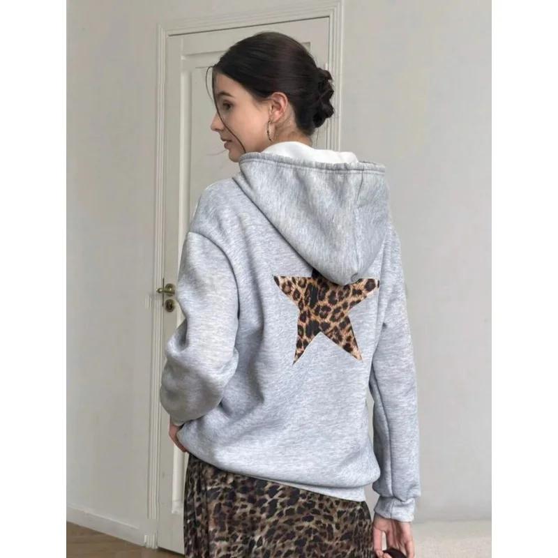 

Женское худи 2025 года, толстовка с капюшоном и длинными рукавами, с пятиконечной звездой и леопардовым принтом, повседневный свободный пуловер XL