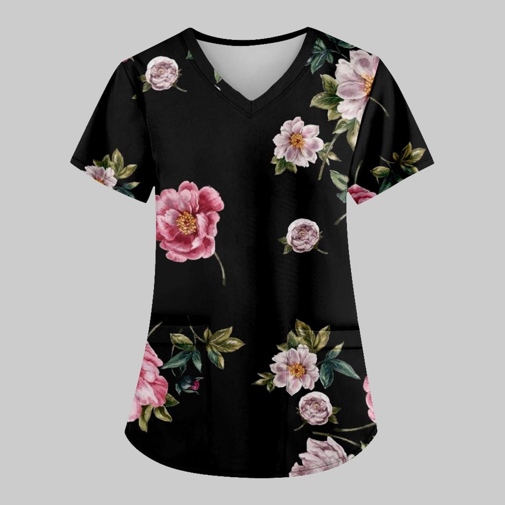 Modische bedruckte Damen-Arbeitsuniform mit Taschen-T-Shirt, kurzärmeliges Oberteil