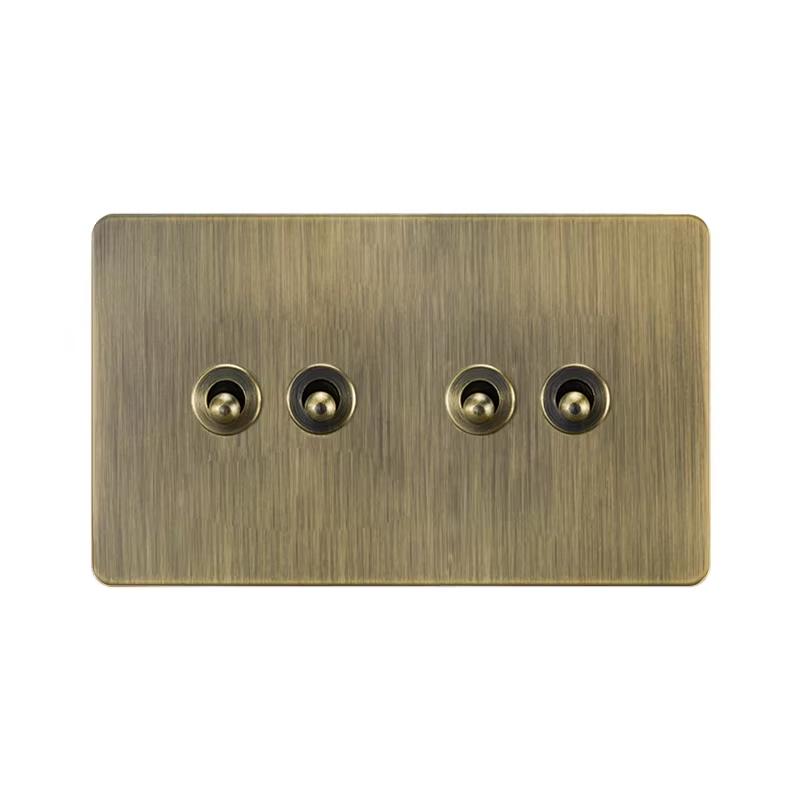 LangYeao Messinghebel UK Kippschalter Buster und Stanzlichtschalter Stil Edelstahlplatte Vintage Retro Wandschalter Steckdose