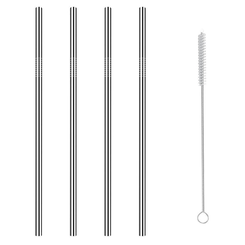 4 Straight Reusable Drinking Straws Metal Stainless Steel Eco-Friendly 10.5in, With 1 Cleaning Brush