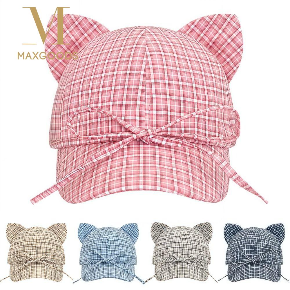 Cute Cat Ears Baseball Cap Plaid Breathable Sun Hat Bow Tie Style UV Protection Peaked Cap Unisex Outdoor