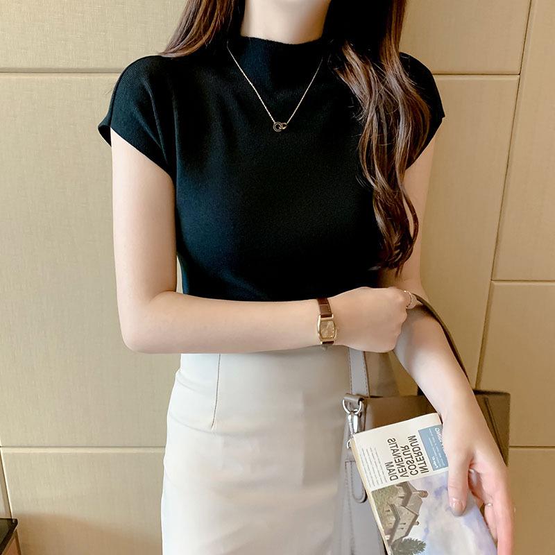 2025 Women's Black Ice Silk Semi-High Neck Short Sleeve Knitted T-Shirt