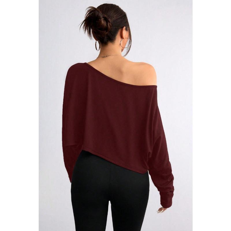Women Off Shoulder Loose Cropped Long Sleeve Solid Casual Pullover Top